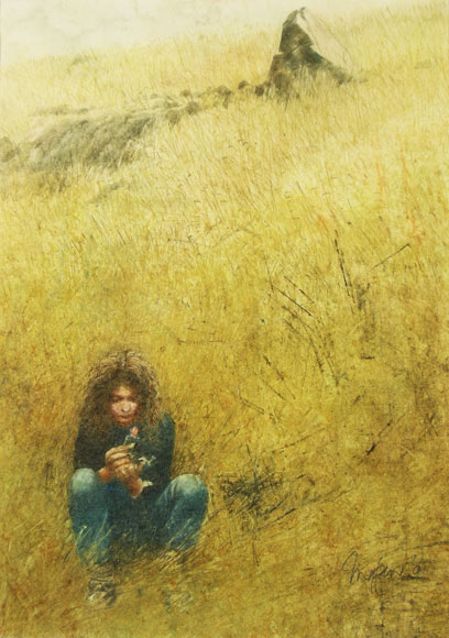 an odd figure with big hair crouches in the grass, near a stone