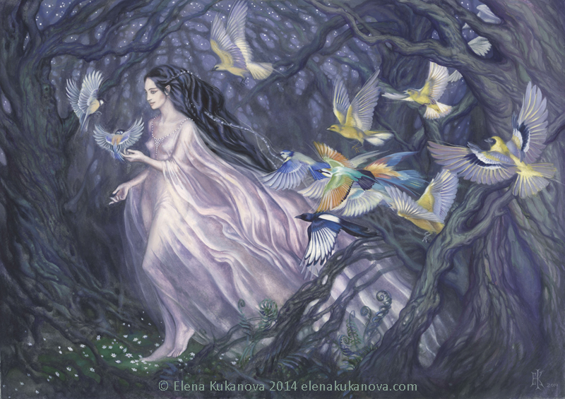 a slender fairy woman wanders through grey trees surrounded by birds