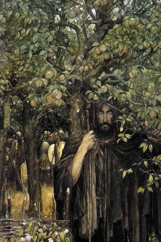 a painting of an apple tree, with a tall strange man stood underneath it with a staff