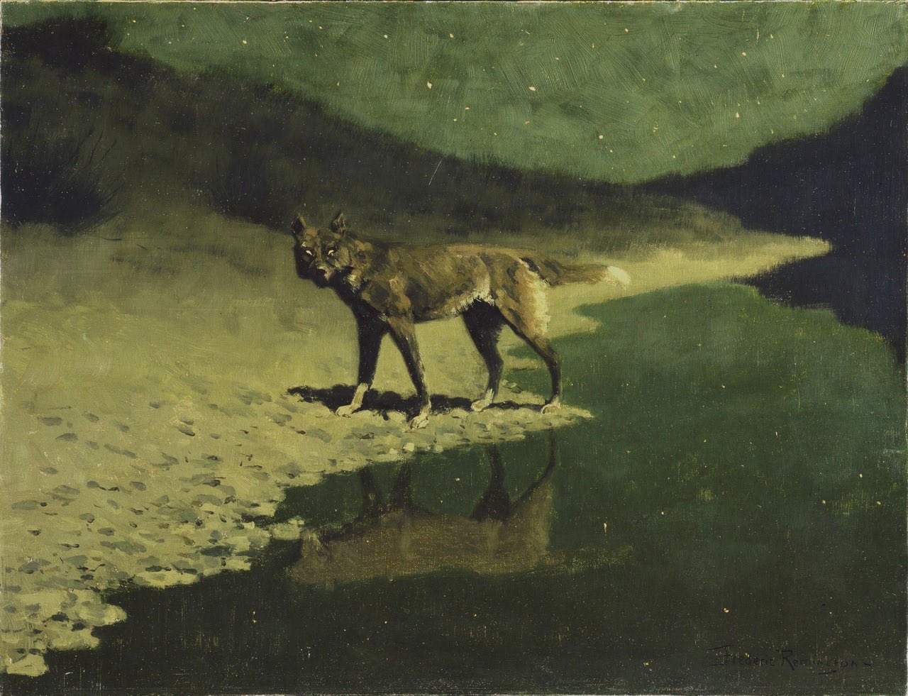 a traditional painting. A wolf at night. There is a greenish sky behind him with stars, and a greenish lake in front of her where she is reflected. She stands on snow. The wolf's eyes are gold and she is staring at the viewer.