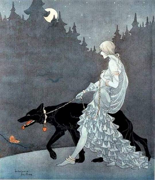 an ink drawing from the Golden Age of Illustration. A woman who looks a bit like a fashion plate, wearing pearls and with a very frilly skirt, is white and grey in skin-tone and clothes. She is walking a massive black dog on a thin silver chain. There is snow on the ground, and the background is the night sky, the moon, and pine trees.