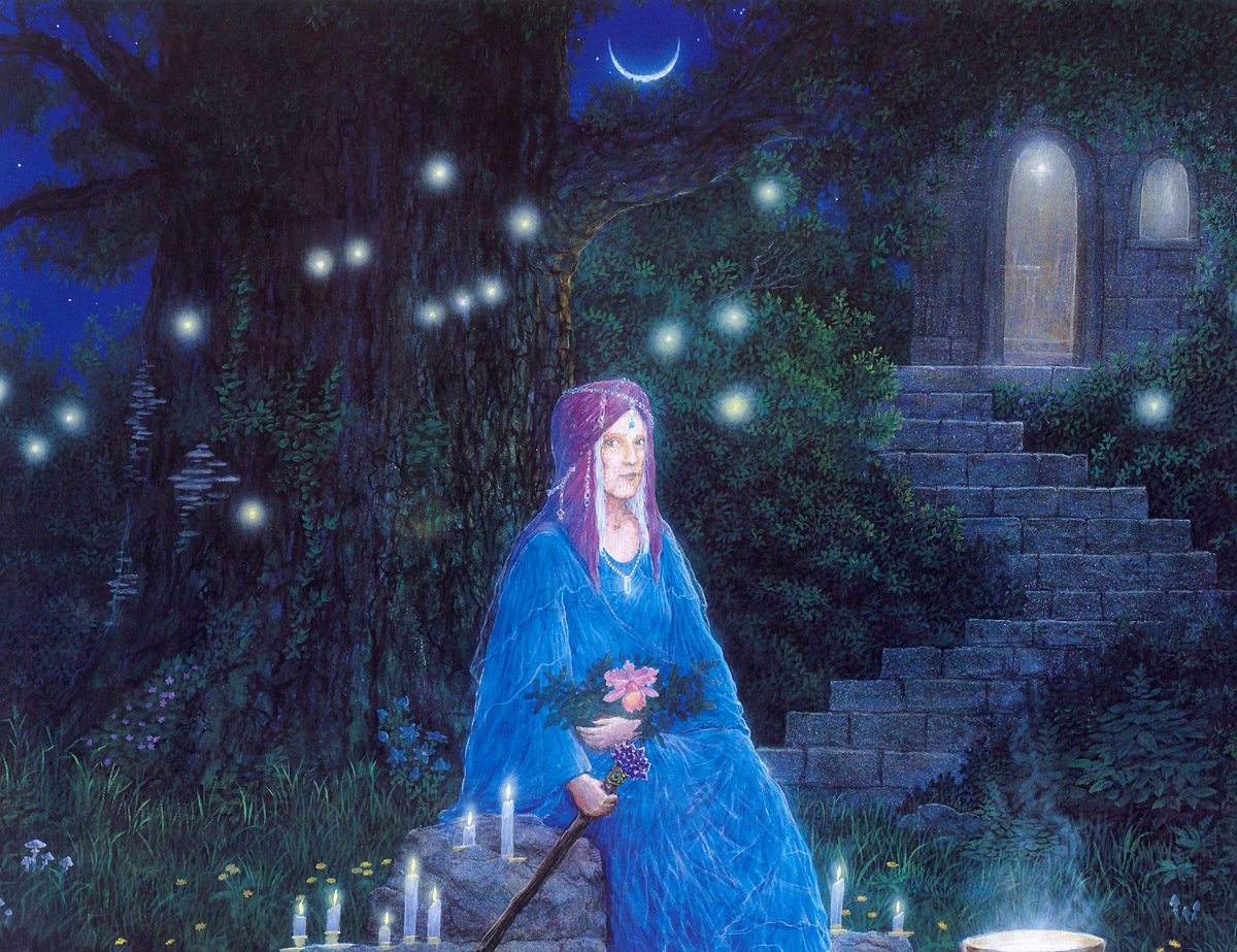 an older woman sat in a garden, in a blue robe. It is a peaceful blue night and there are fireflies