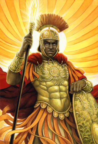 a strong-looking man in red and gold armor, holding a spear in front of a glorious sun
