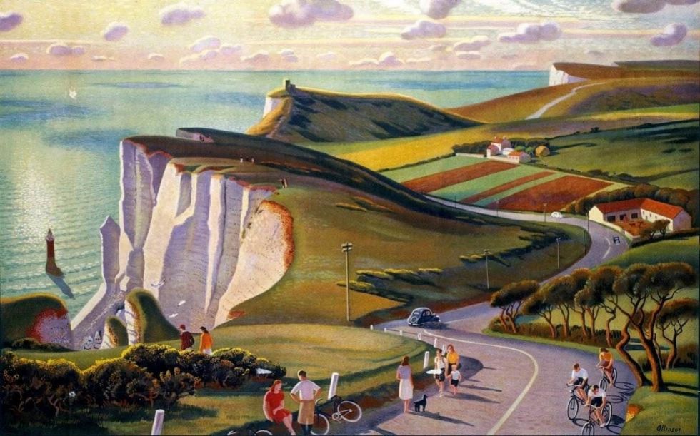 a pleasant painting of groups of people ambling by the cliffs and fields near a sunny sea