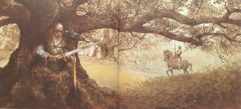 an old man chained in a tree. he holds a sword and has a raven. In the backdrop, a knight travels on the forest path