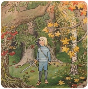 a little girl with a sword looks up at a forest with a worried face