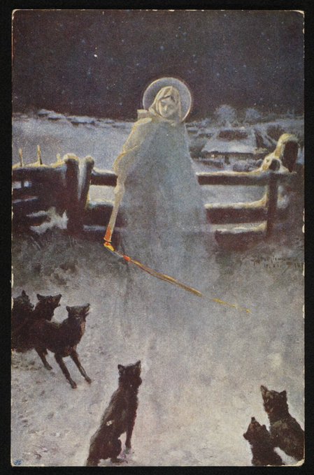 a drawing. The shape of a woman almost ghostly, with a halo, emerges from the snow in front of a fence with snow settled on it. Behind the fence is a little village at night. She holds a candle. Around her feet are black wolves, who are focused on her.