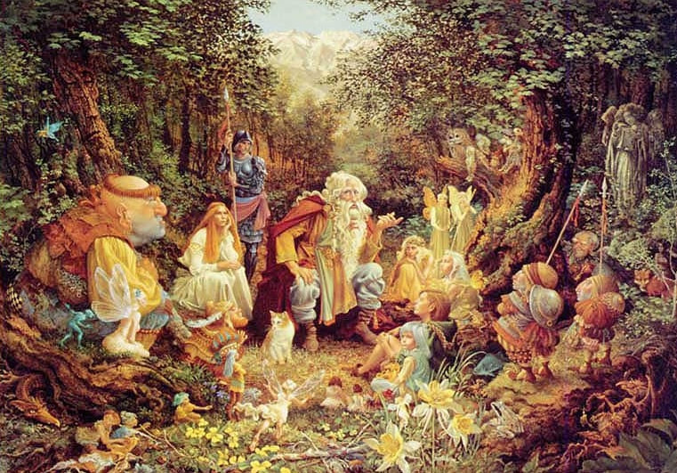 a circle of fantasy creatures like goblins and fairies meeting up in a forest glade
