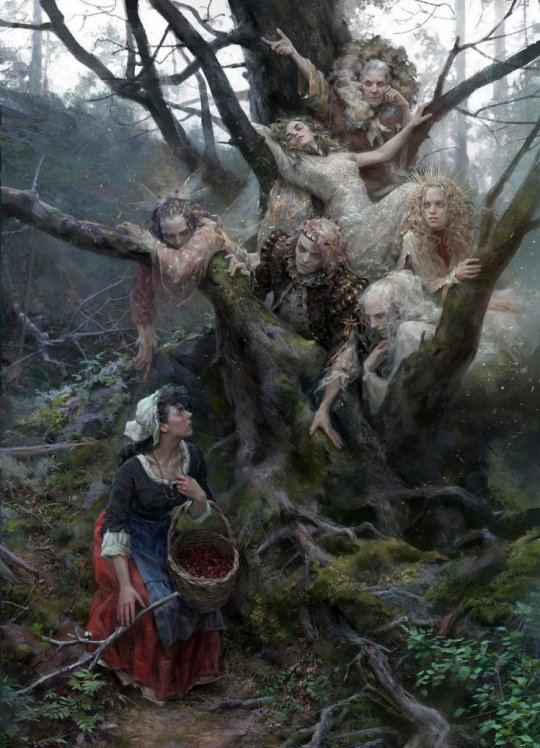 a painting of a woman in rustic dress in a scary forest. Beautiful, weird fairy people are leaning down from a tree with tempting hands.