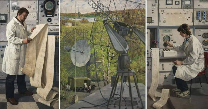 a huge radar dish in a green landscape. two scentists stand in front of banks of computers.