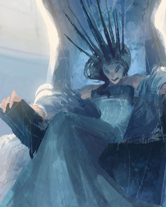 impressionistic digital art of a woman, with a stern or angry expression sat on a throne and looking down at the viewer. She has a tall crown of iron spikes, a smooth long dress, some kind of shawl, and is gripping her stone throne in her hands. The colours are white, blues and greys, suggesting ice.