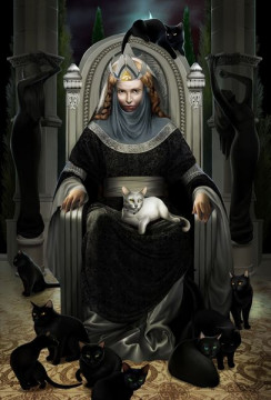 a digital artwork of a caucasian woman with golden hair sat on a throne. She wears a black medieval dress and her face is partly hidden by a grey veil. She wears an iron crown, and the throne is of white stone. She is surrounded by black cats, and has a white cat sat on her knee.